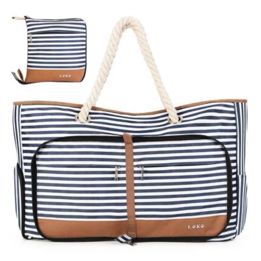 Loko Navy White Striped Bag Foldable Beach Tote/Travel Duffel